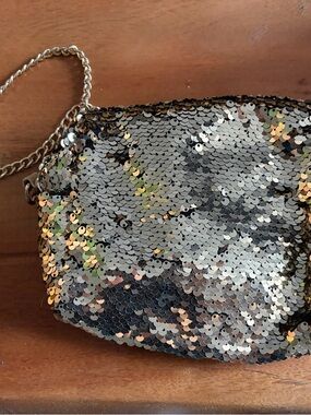 Forever 21 Silver Sequin Crossbody with Gold Chain